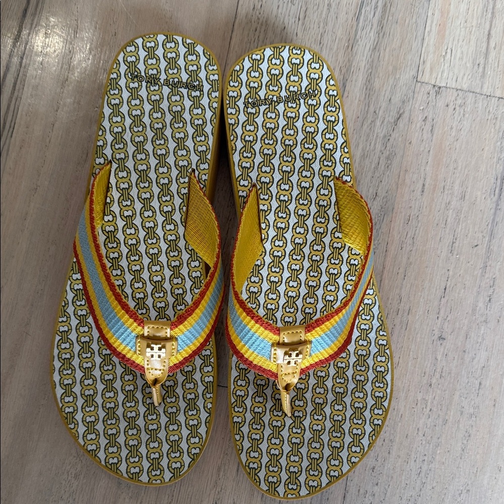 Tory Burch Chain Pattern Flip Flops with Striped Straps